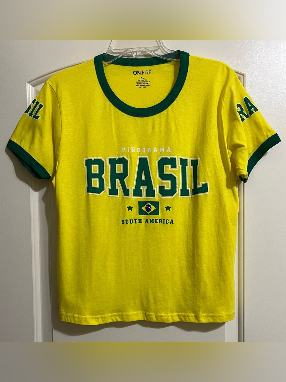 Brazil Women’s Short Sleeve Ringer Tee Shirt in Yellow Green Size XL